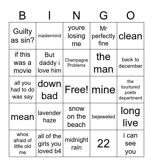 Swiftie Music Bingo 2 Bingo Card