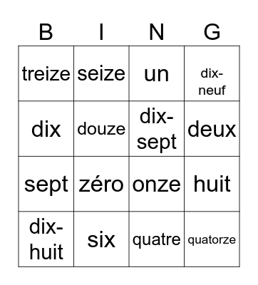 French Numbers 1-20 Bingo Card