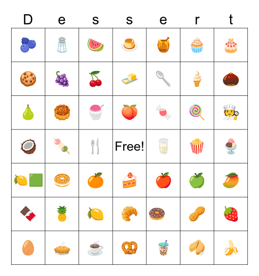 Dessert Bingo Card