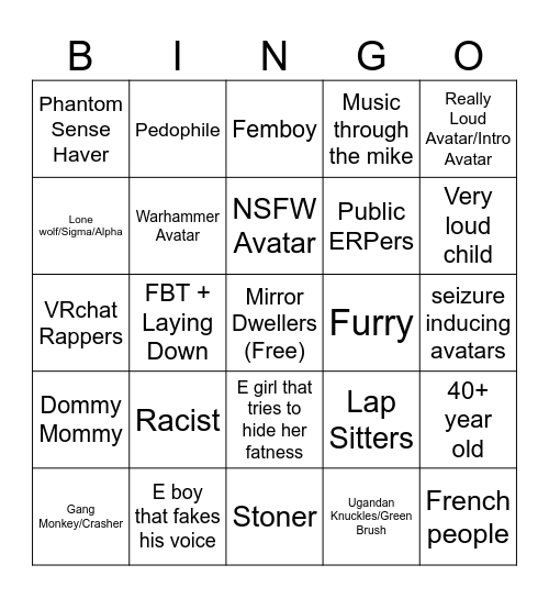 vrchat stereotype Bingo Card