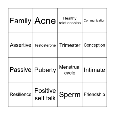 Year 7 Health Bingo Card