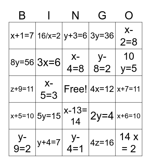 One Step Equations Bingo Card