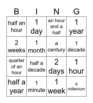 Units of Time Bingo Card