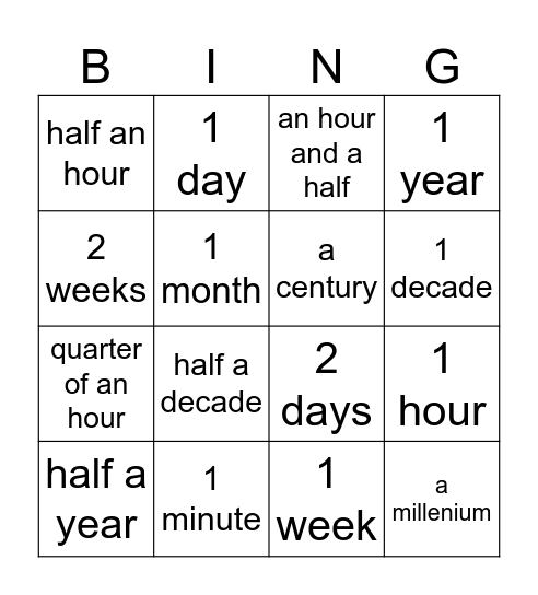 Units of Time Bingo Card