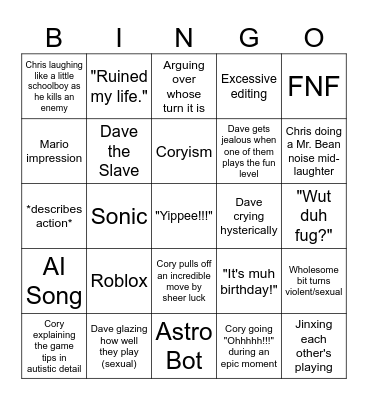 Oneyplays with Cory & Dave Bingo Card