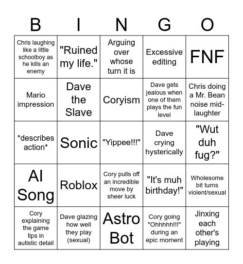 Oneyplays with Cory & Dave Bingo Card