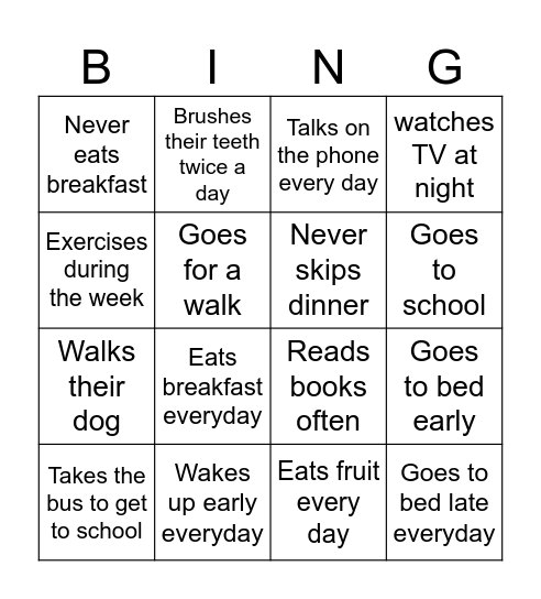 Daily Routines- Find someone who..... Bingo Card
