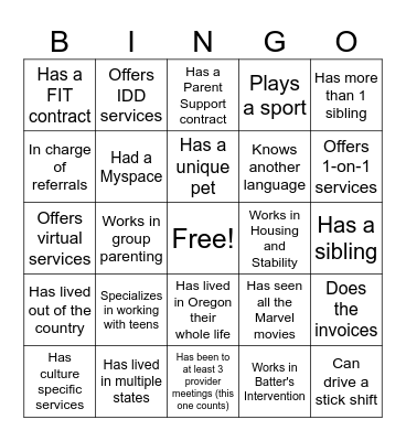 Provider Bingo Card