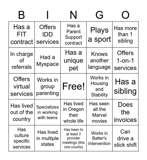 Provider Bingo Card