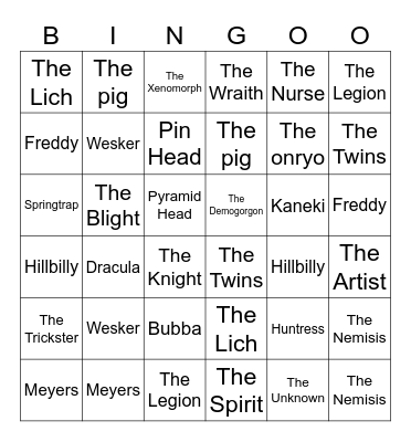 Dead By Daylight Killers Bingo Card