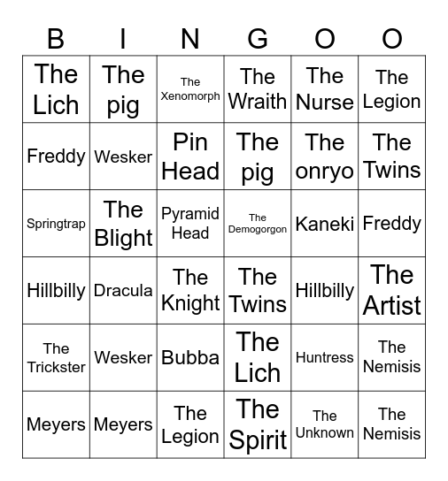 Dead By Daylight Killers Bingo Card