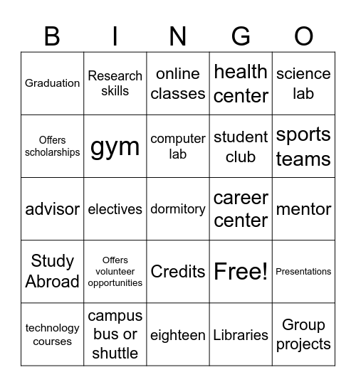 College Bingo Card
