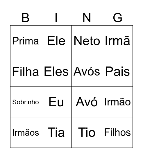 Pronomes e família Bingo Card