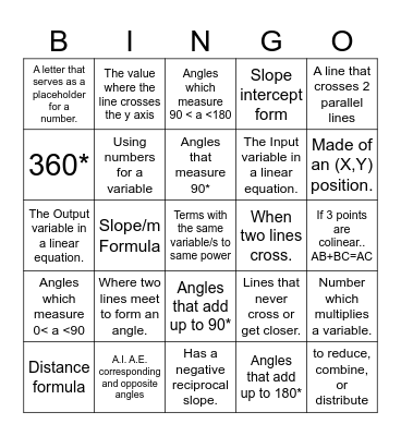 Unit 1 & 2 Geometry Vocab Review Bingo Card
