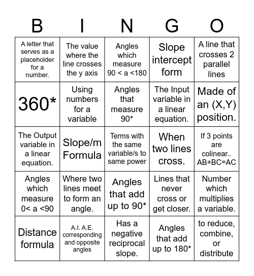Unit 1 & 2 Geometry Vocab Review Bingo Card