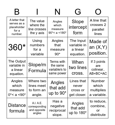 Unit 1 & 2 Geometry Vocab Review Bingo Card