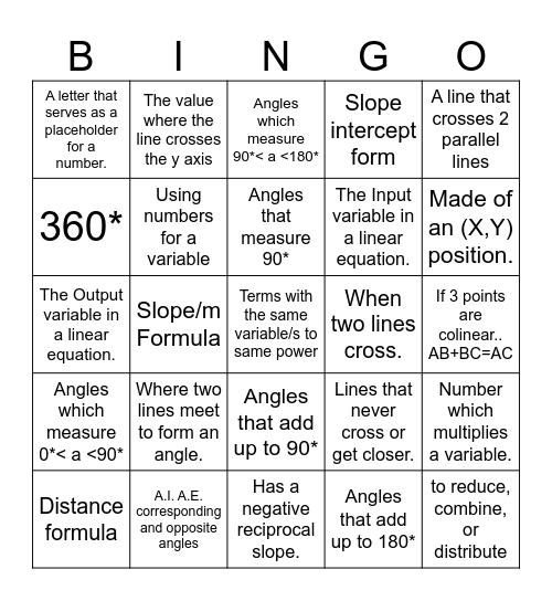 Unit 1 & 2 Geometry Vocab Review Bingo Card