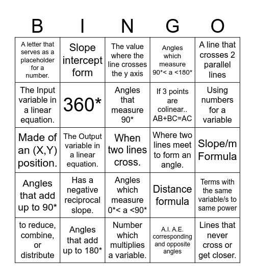 Unit 1 & 2 Geometry Vocab Review Bingo Card