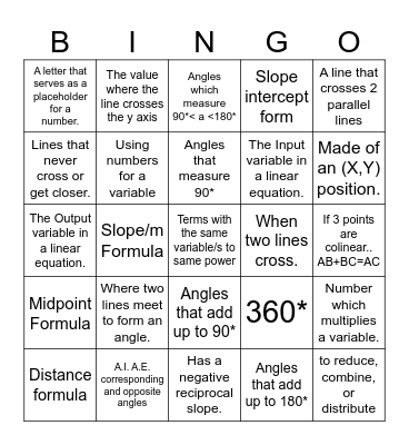 Unit 1 & 2 Geometry Vocab Review Bingo Card
