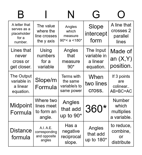 Unit 1 & 2 Geometry Vocab Review Bingo Card