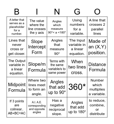 Unit 1 & 2 Geometry Vocab Review Bingo Card