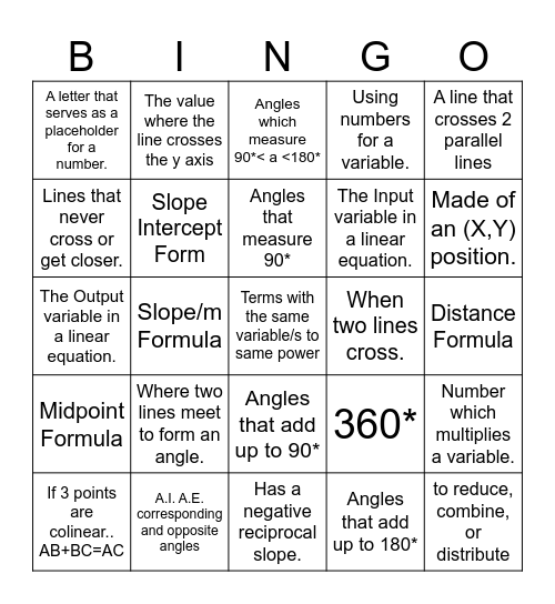 Unit 1 & 2 Geometry Vocab Review Bingo Card