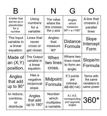 Unit 1 & 2 Geometry Vocab Review Bingo Card
