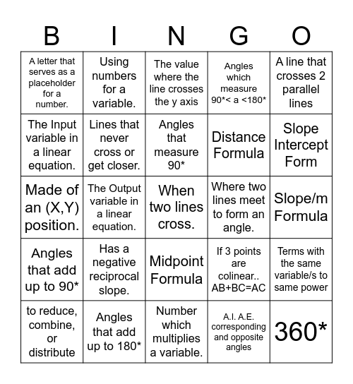 Unit 1 & 2 Geometry Vocab Review Bingo Card