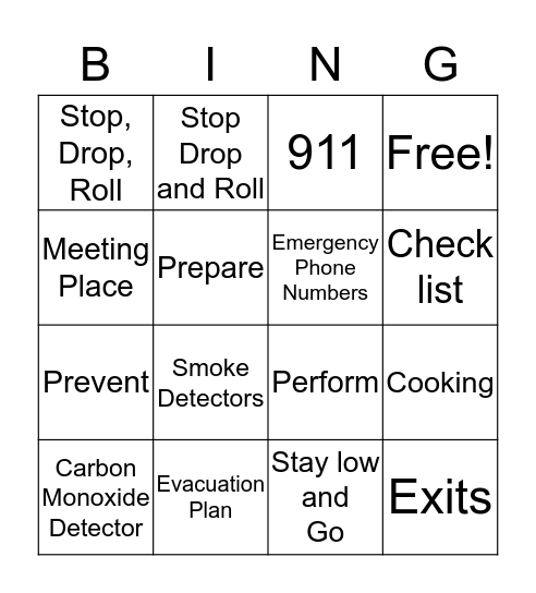 Babysitter Fire Safety Bingo Card