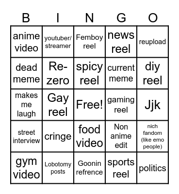 Instagram reel bingo Card