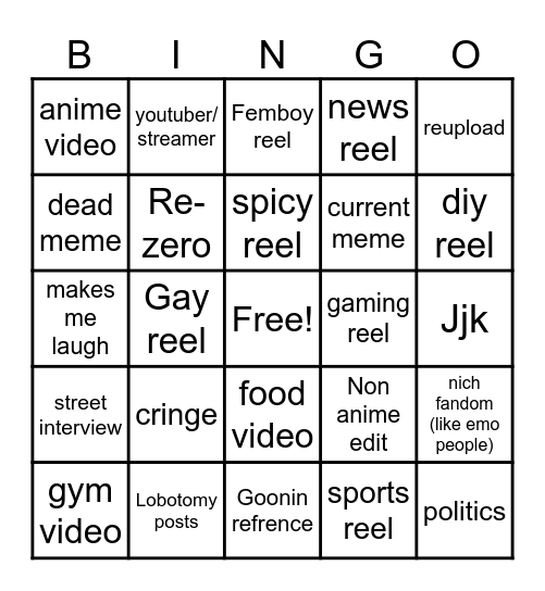Instagram reel bingo Card