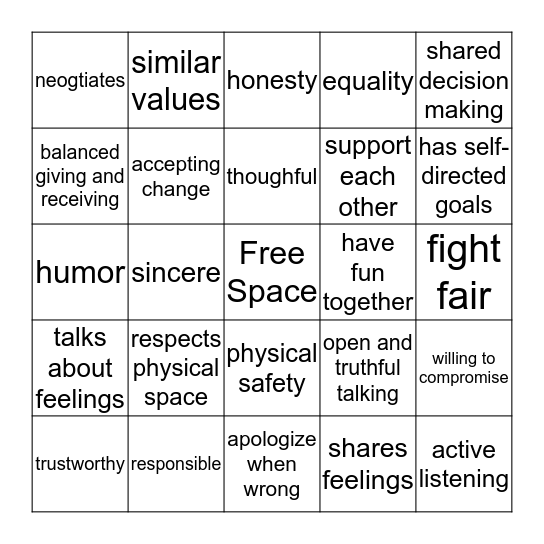 Qualities of Healthy Relationships Bingo Card