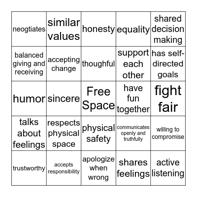 Qualities of Healthy Relationships Bingo Card