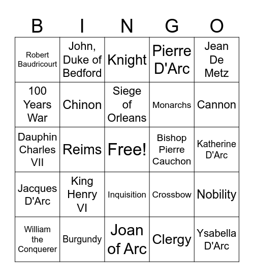 Joan of Arc Bingo Card
