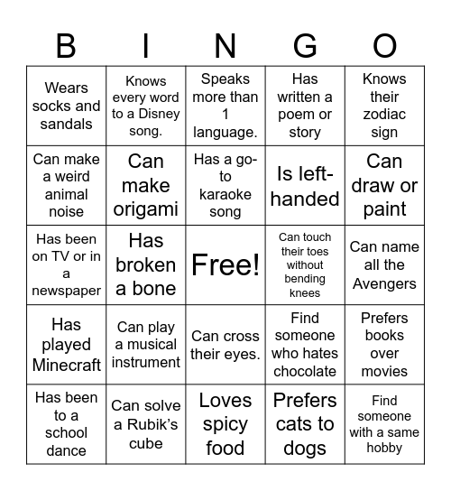Get to Know You! Bingo Card