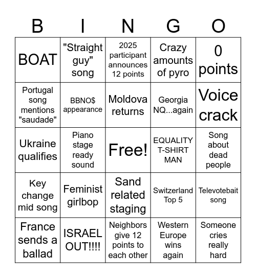 EUROVISION 2026 BINGO!!! Bingo Card