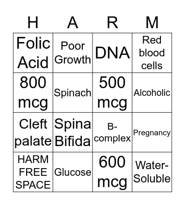 Folate Bingo Card