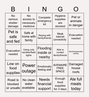 AVEMAIRE BINGO CARD Bingo Card