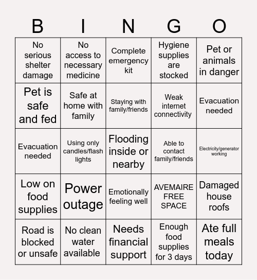 AVEMAIRE BINGO CARD Bingo Card