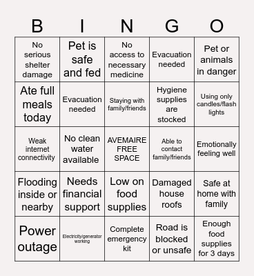 AVEMAIRE BINGO CARD Bingo Card
