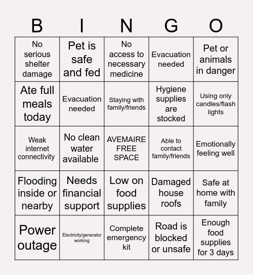 AVEMAIRE BINGO CARD Bingo Card