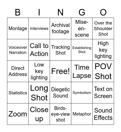 Documentary and Film Techniques Bingo Card