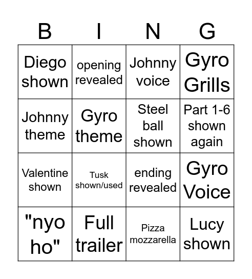 sbr event bingo Card
