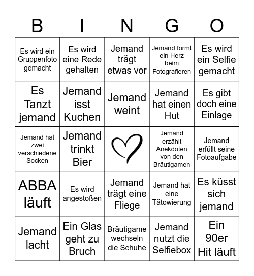 Hochzeitsbingo M&B Bingo Card