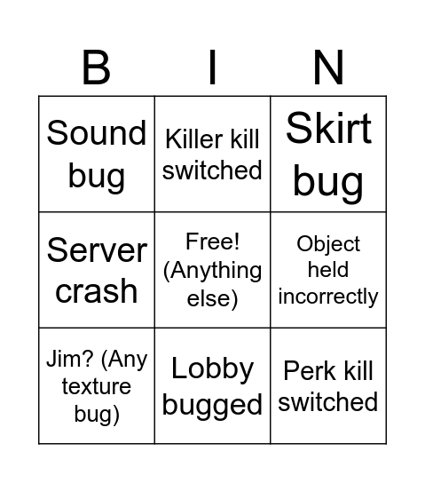 BHVR update Bug Bingo Card