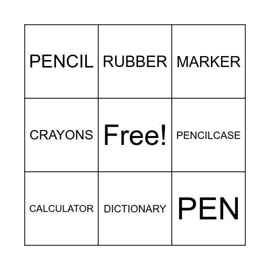 SCHOOL OBJECT Bingo Card