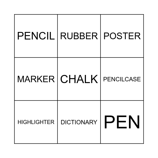 SCHOOL OBJECT Bingo Card
