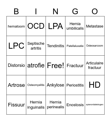Pathologie bewegingsstelsel Bingo Card