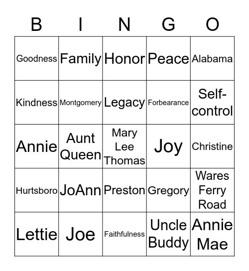 Thomas Family Bingo Card