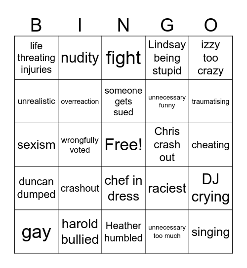 Total drama Bingo Card